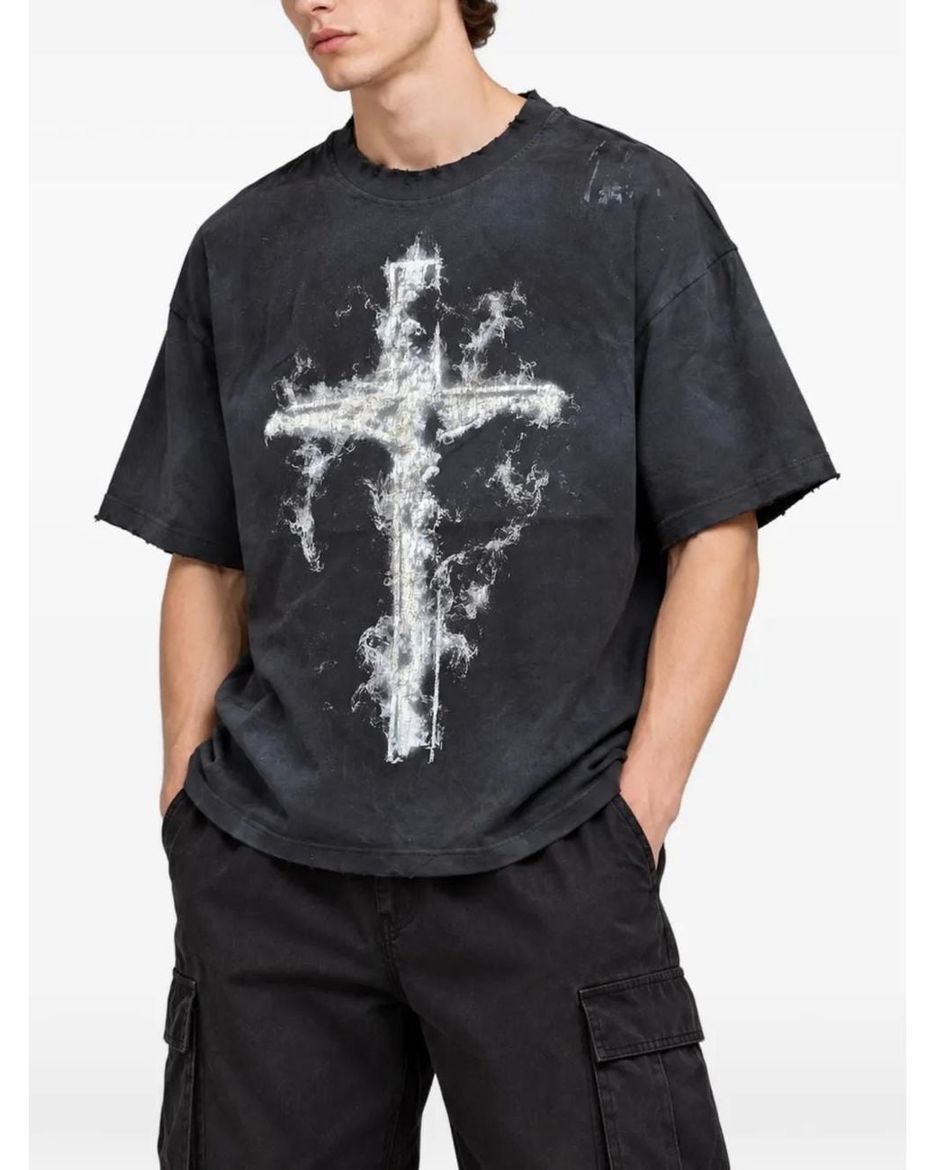 WARMAN Black Distressed Cross-Print T-Shirt for men