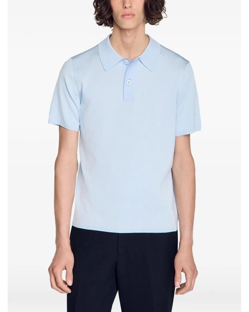 Sandro Blue Short-Sleeve Knitted Polo Shirt for men