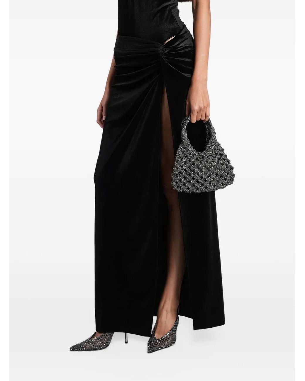 ANDAMANE Black Knot-Detail Side-Slit Maxi Skirt