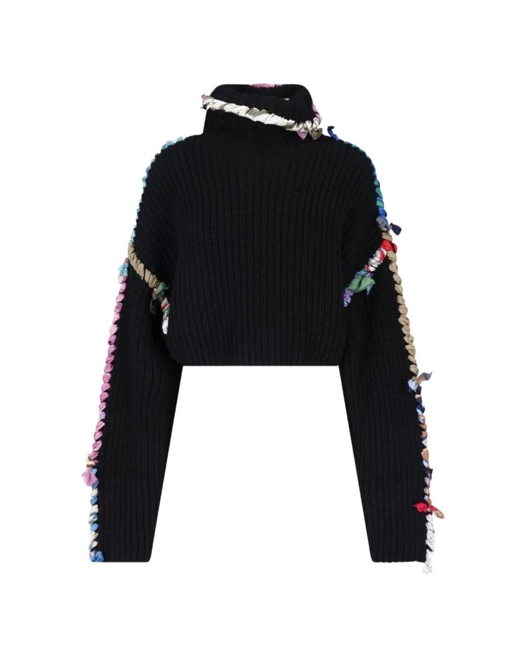 MARINE SERRE Black Regenerated Silk Scarves Cropped High-Neck Sweater