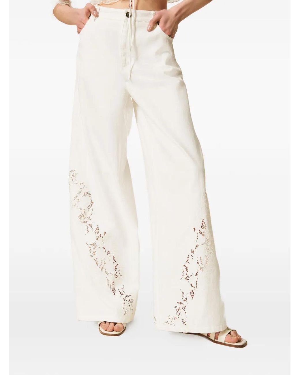 Twinset White Bull Denim Trousers With Embroidery
