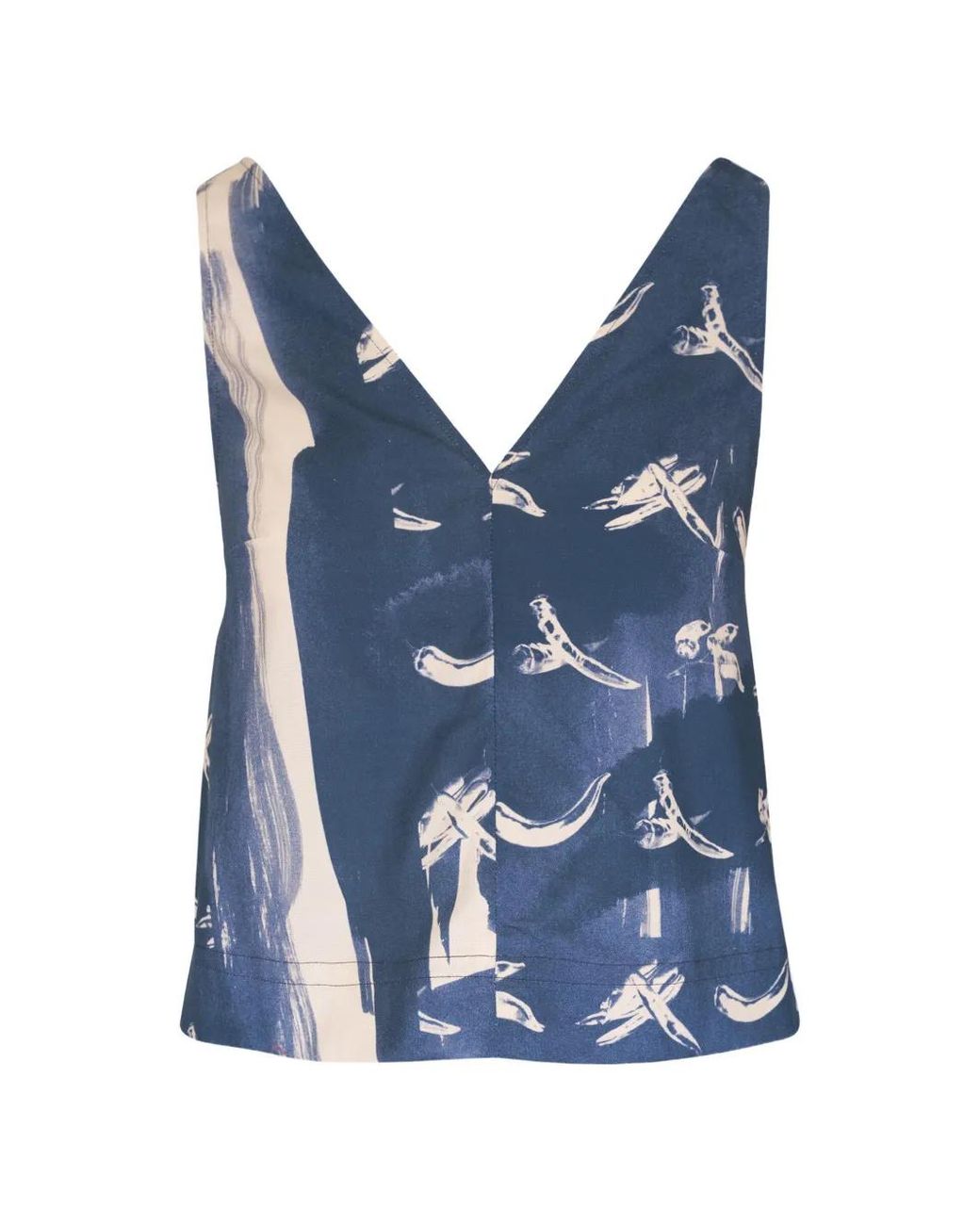ODEEH Blue Abstract-Print Sleeveless V-Neck Cotton Blouse