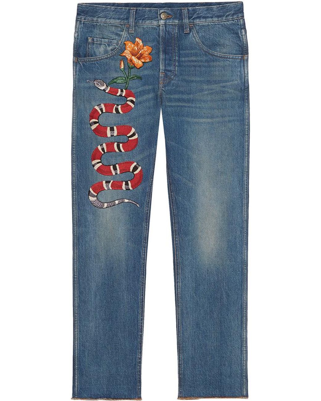 Jeans aderente con ricamo serpente da Uomo di Gucci in Blu | Lyst