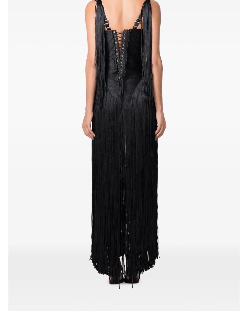 NORINA ST Black Swan Fringe-Trimmed Corset Maxi Dress