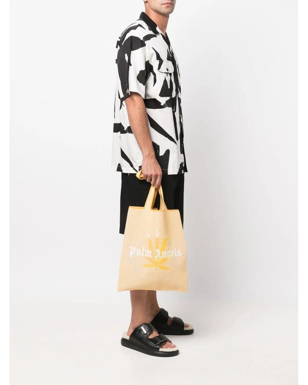 Palm Angels Yellow Rafia Logo Shopping Bag for men