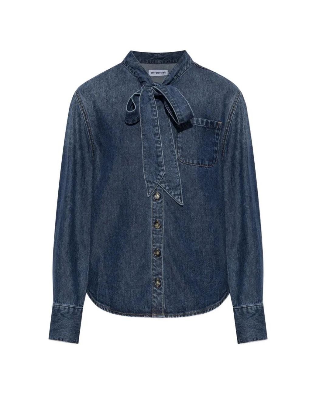Self-Portrait Blue Tie-Neck Denim Shirt