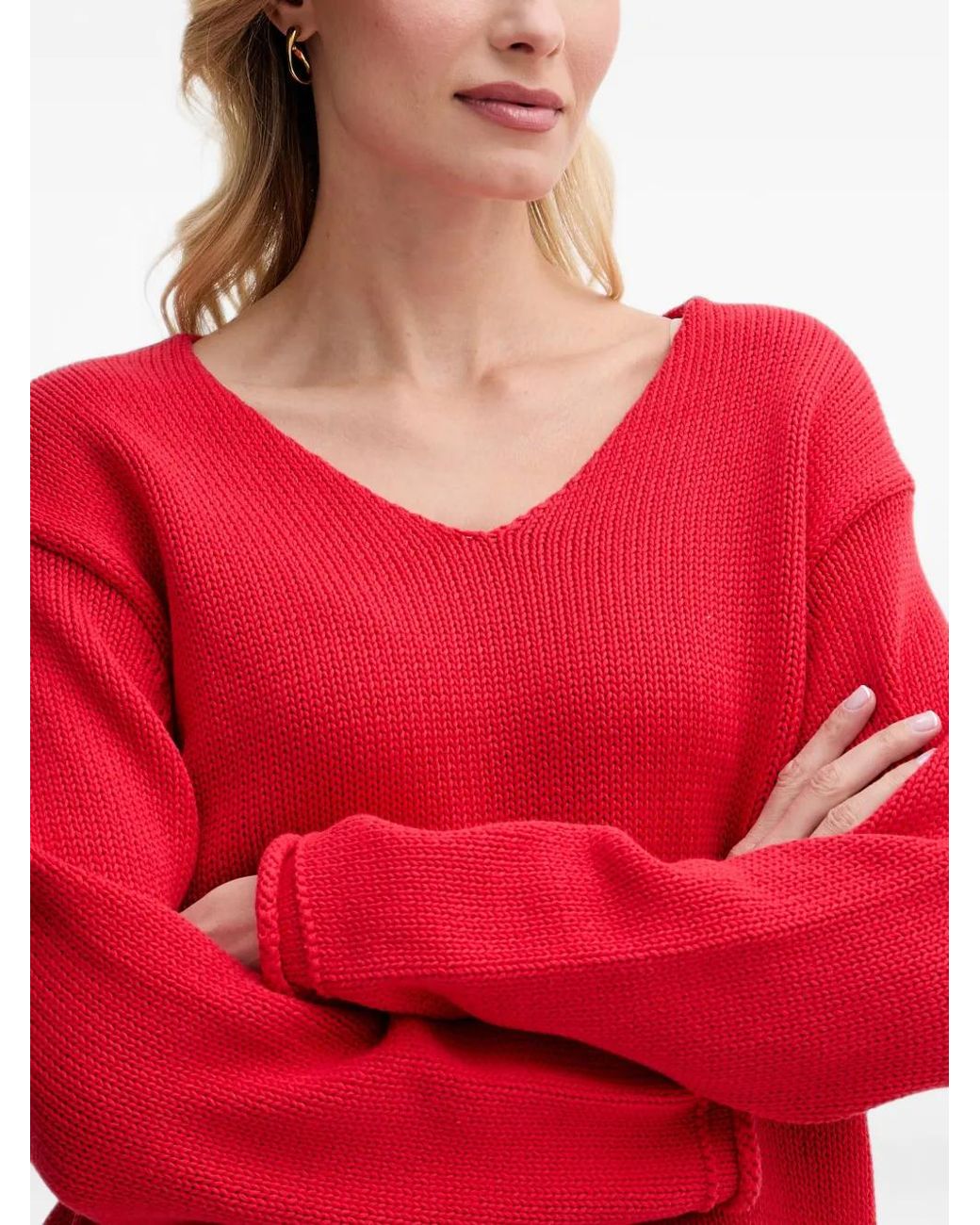 Mos Mosh Red Mmbine V-Neck Dropped-Shoulder Sweater