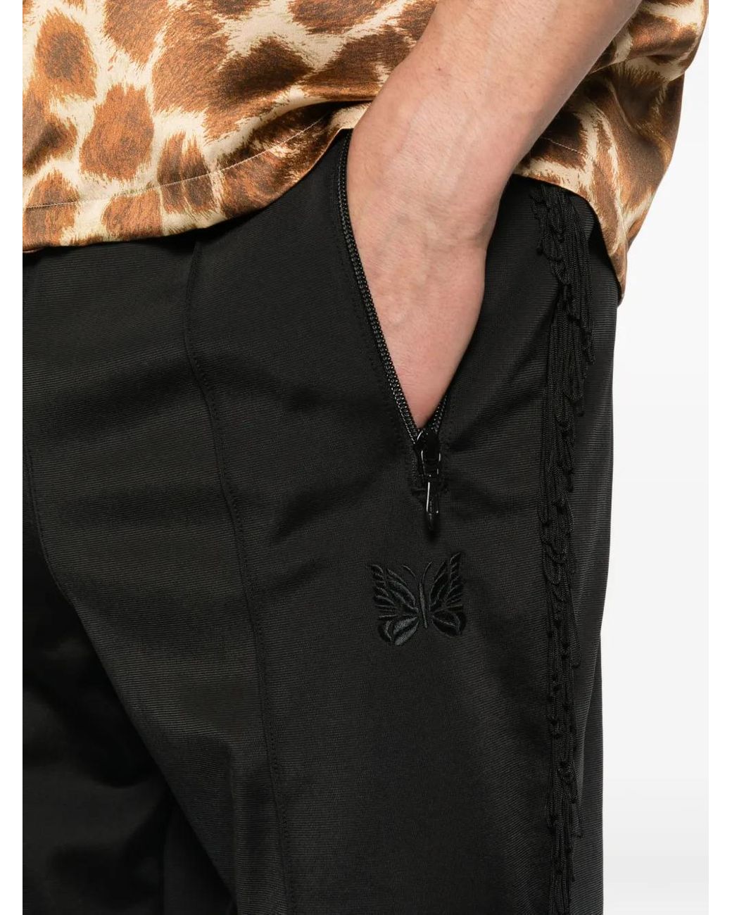 Needles Black Fringed Logo Trousers for men