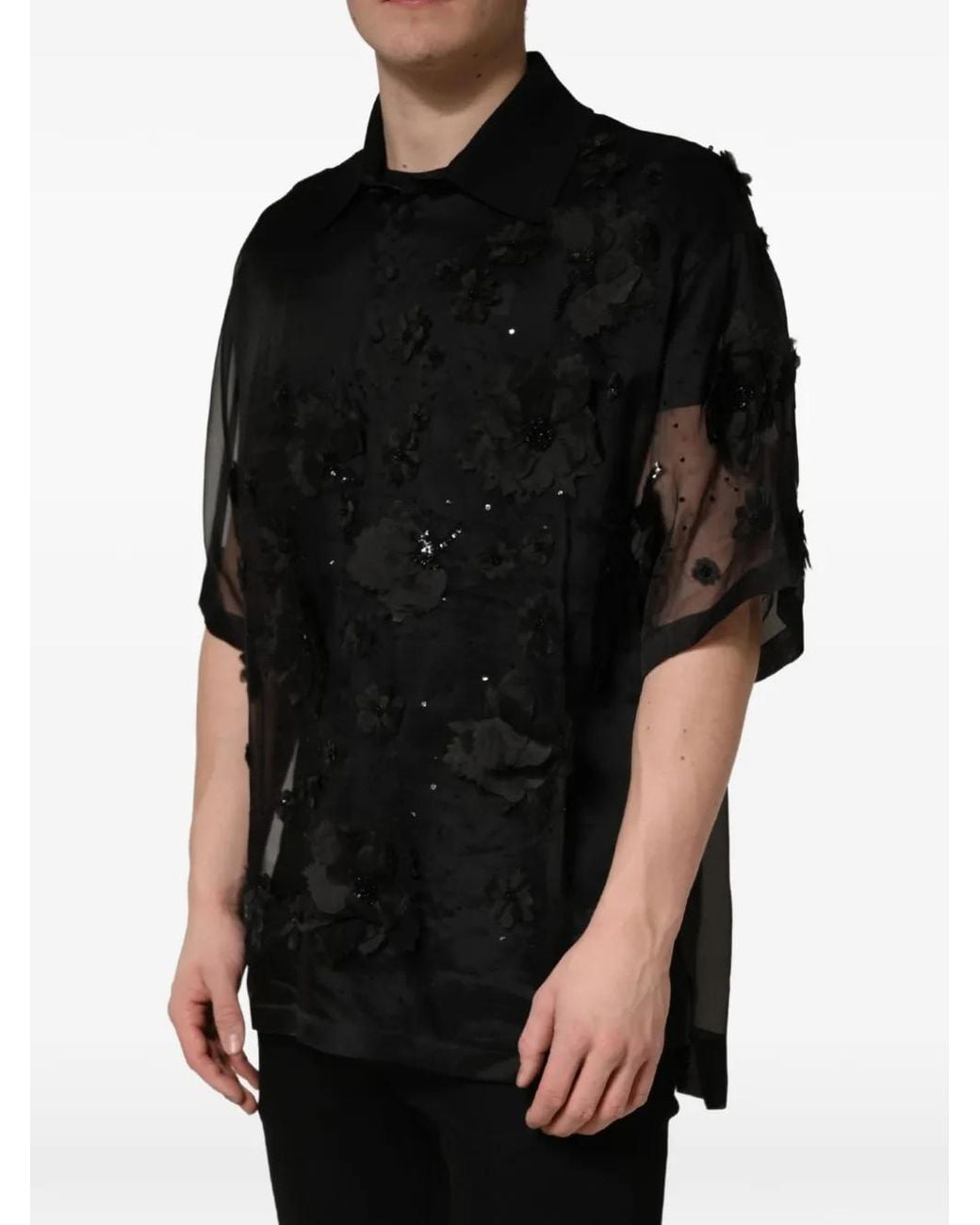 Dolce & Gabbana Black Floral-Appliqué Sheer Shirt for men