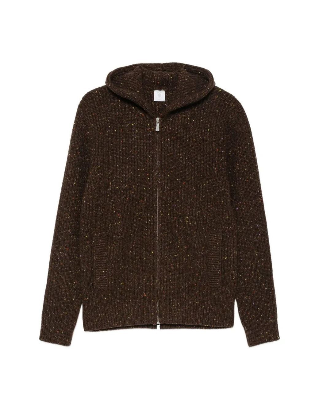 Eleventy Brown Zip-Up Ribbed-Knit Hoodie for men