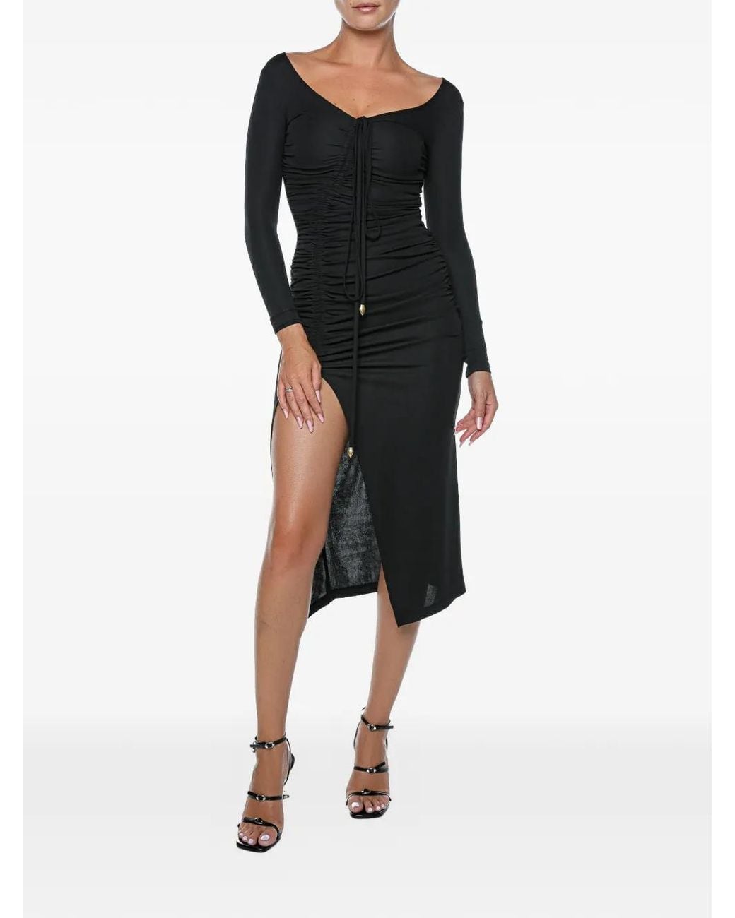 Just Cavalli Black Ruched Front-Slit Midi Dress