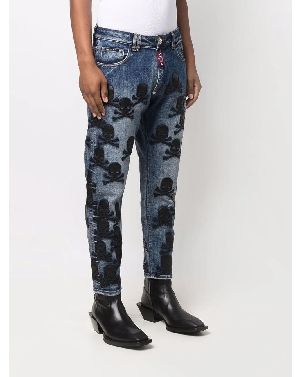 Philipp Plein Blue Skull-Patch Tapered Jeans for men
