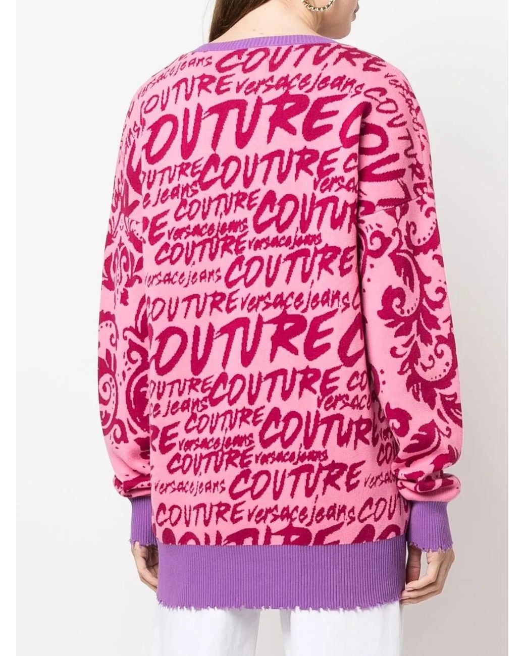 Versace Jeans Couture Pink Logo-Intarsia V-Neck Jumper