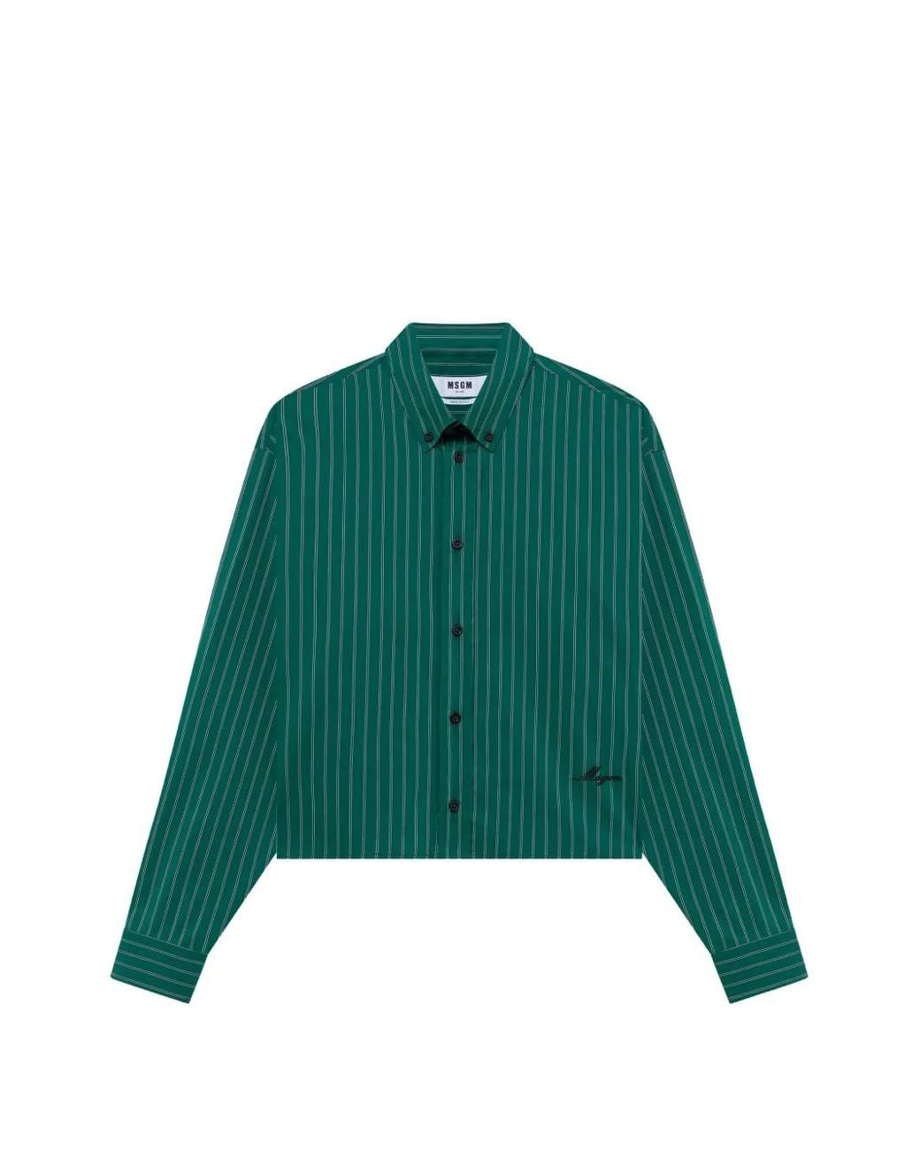MSGM Green Pinstripe-Pattern Cropped Shirt for men