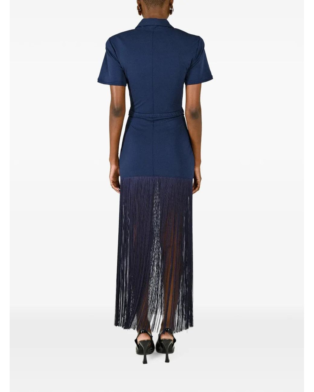 ROWEN ROSE Blue Fringe-Trim Polo Maxi Dress