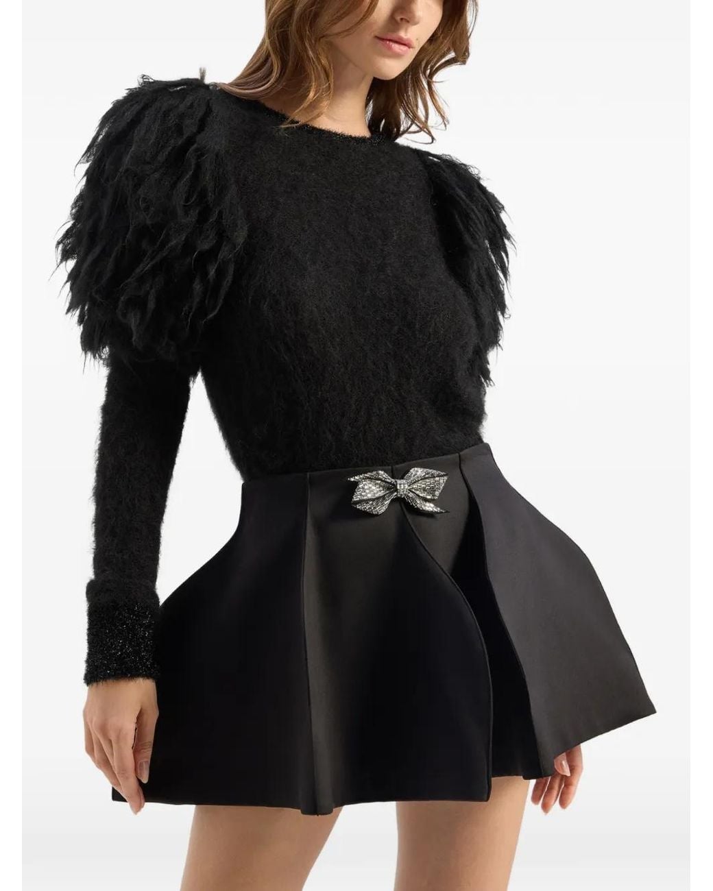 Genny Black Feather-Embellished Metallic-Trim Sweater
