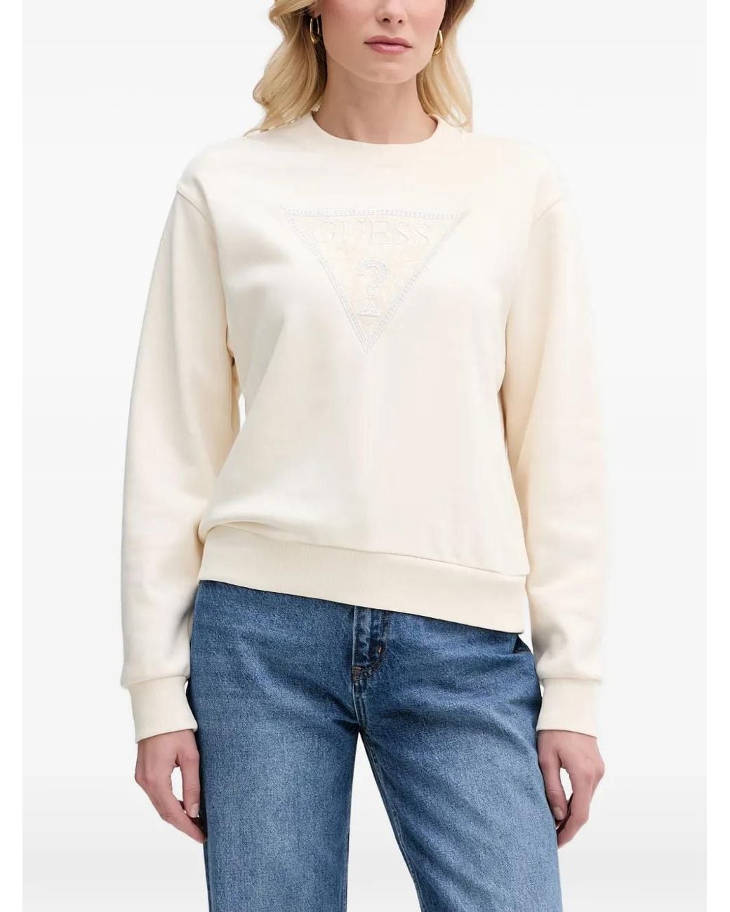 Guess White Lace-Patchwork Logo-Embellished Sweatshirt
