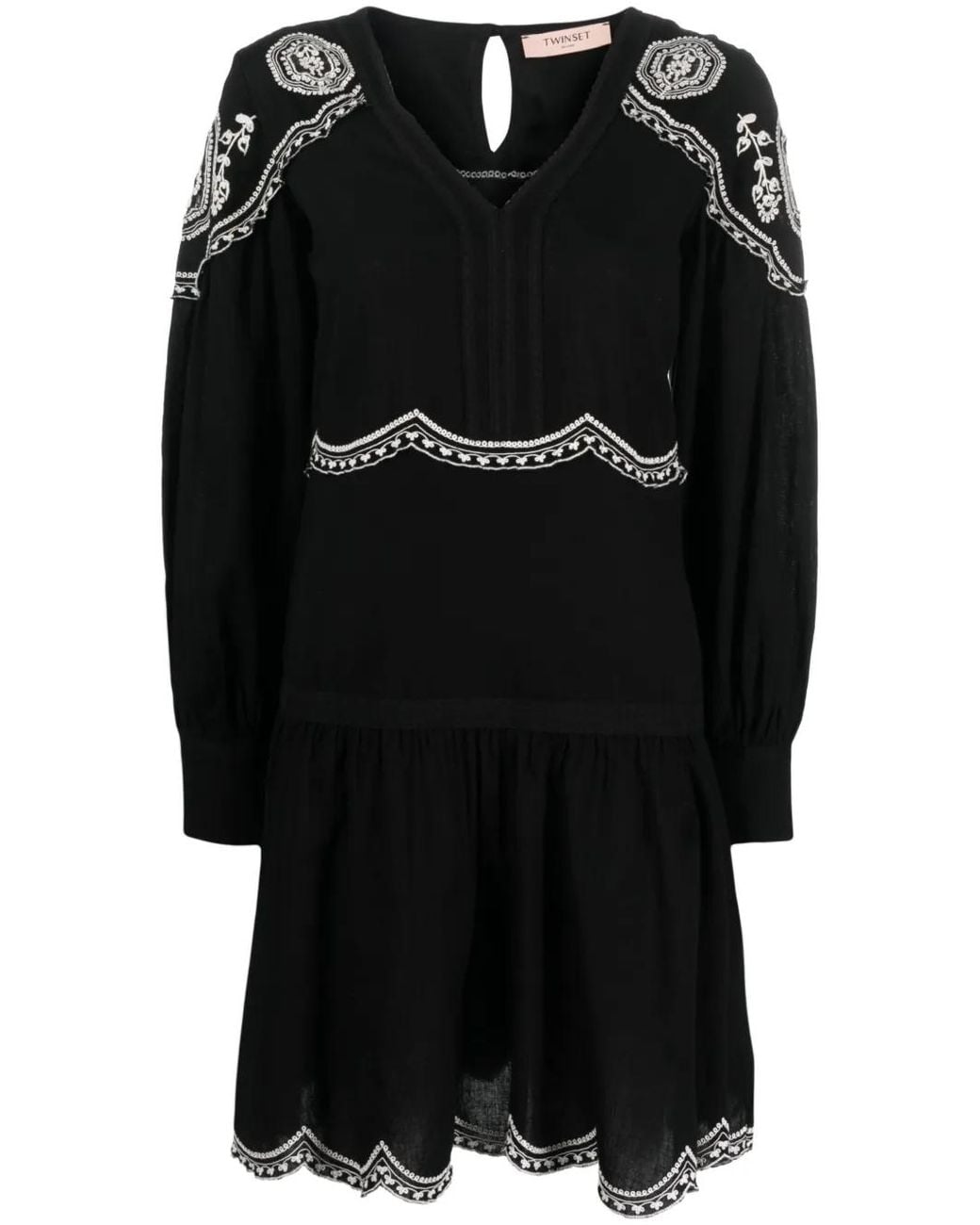 Twinset Black Embroidered Long-Sleeve Short Dress