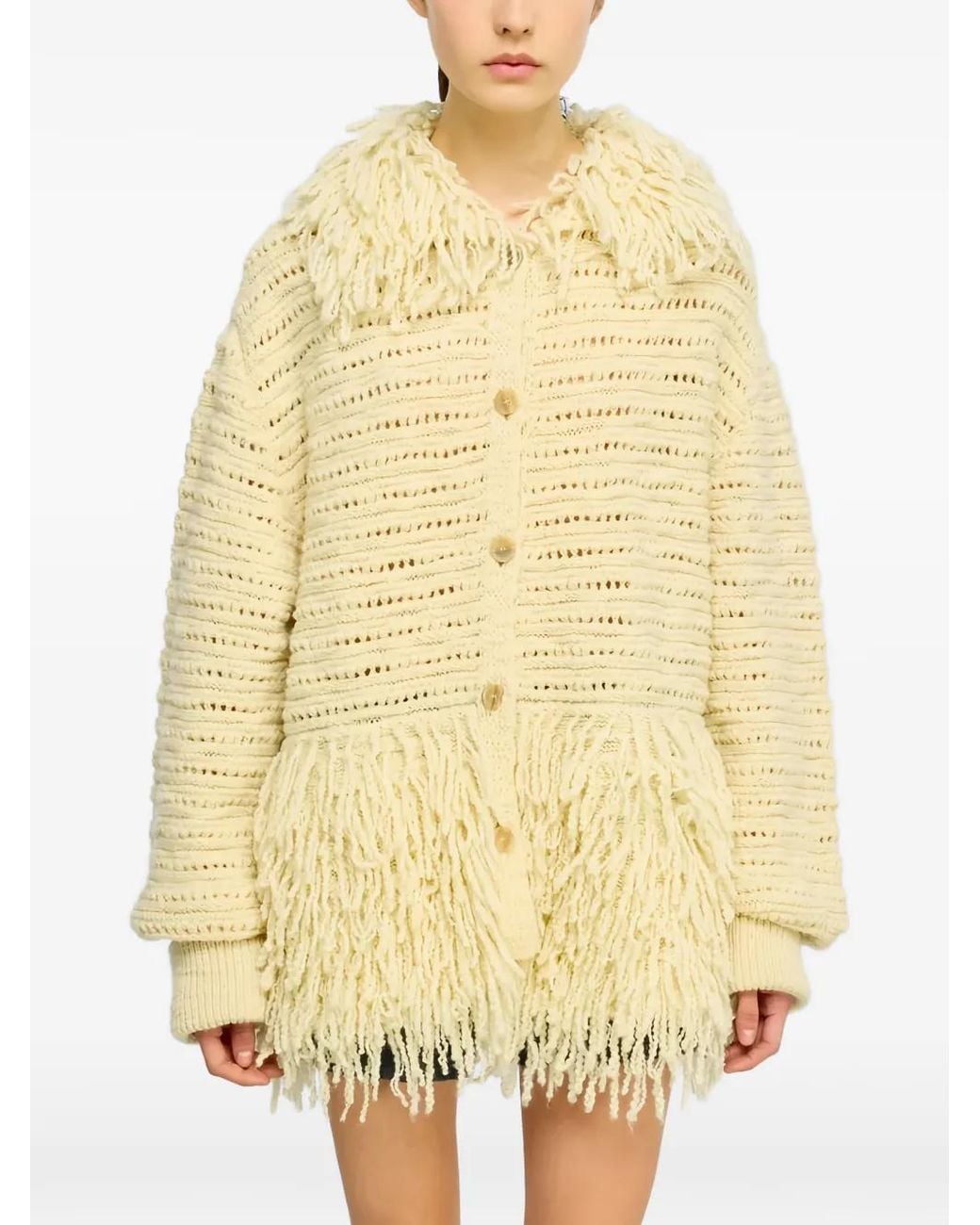 Semicouture Yellow Fringe-Trimmed Wool Oversized Cardigan