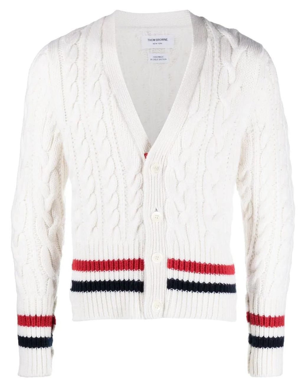 Thom Browne White Rwb Cable-Knit V-Neck Cardigan for men