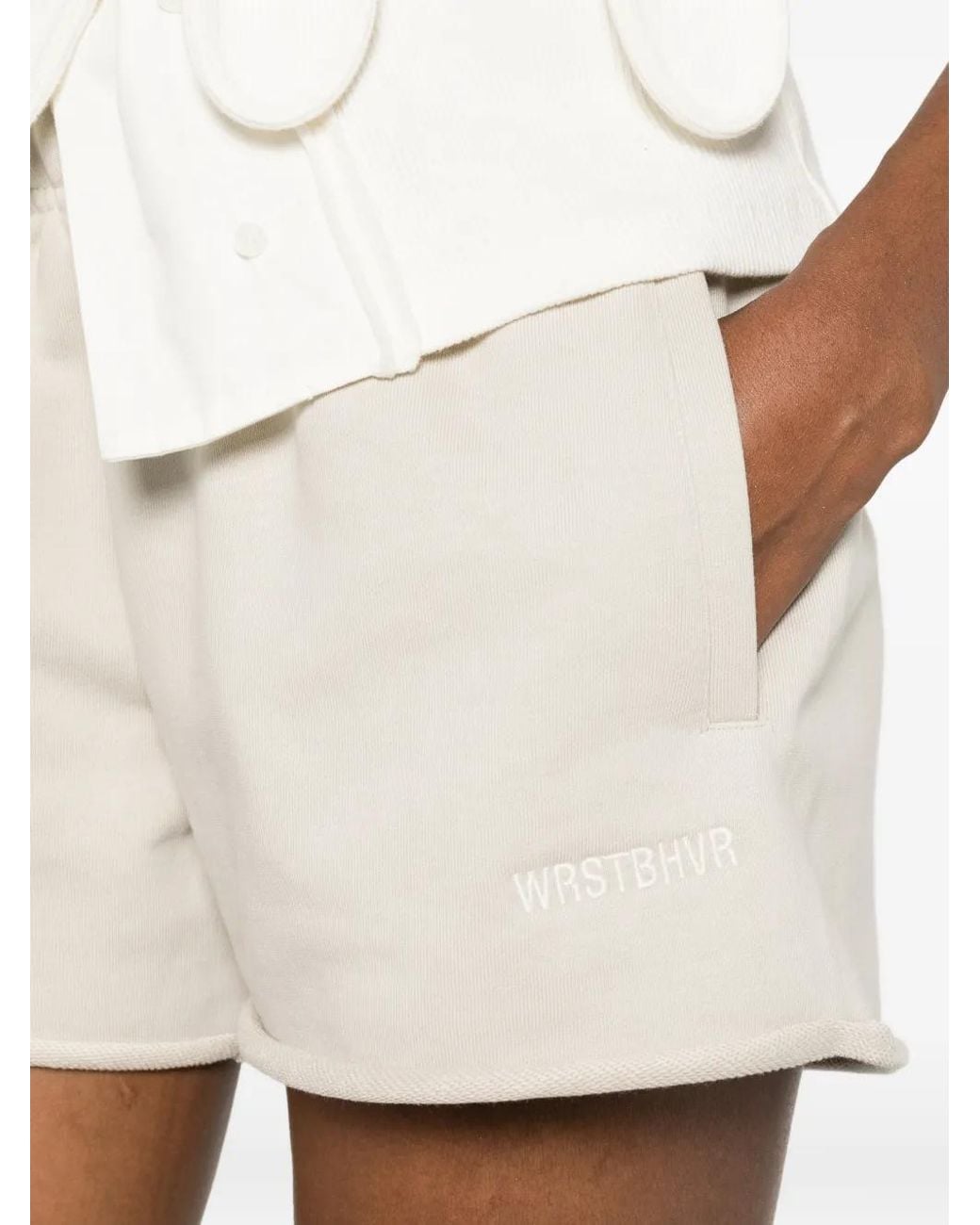 WRSTBHVR Natural Itia Logo-Embroidered Raw-Cut Shorts