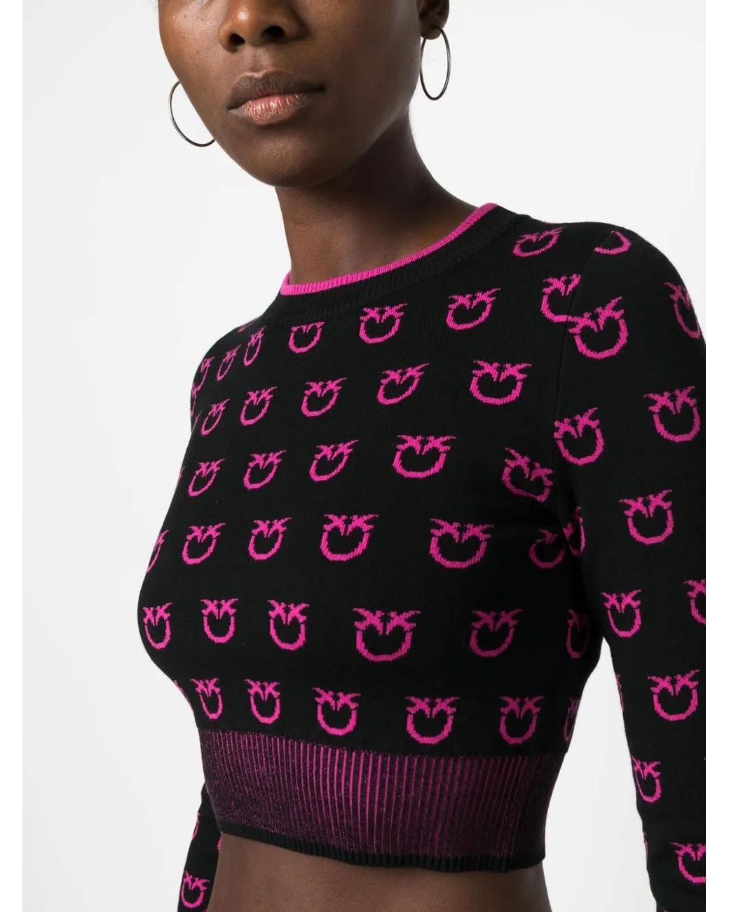 Pinko Black Intarsia-Knit Cropped Jumper