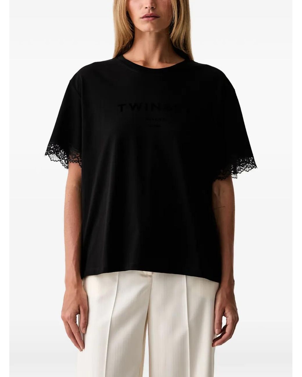 Twinset Black T-Shirt À Logo Imprimé Et Finitions En Dentelle