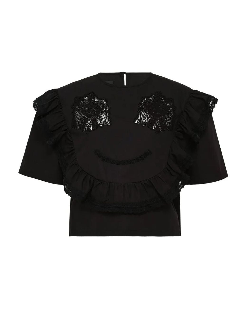 Pushbutton Black Lace-Embellished Ruffle Blouse