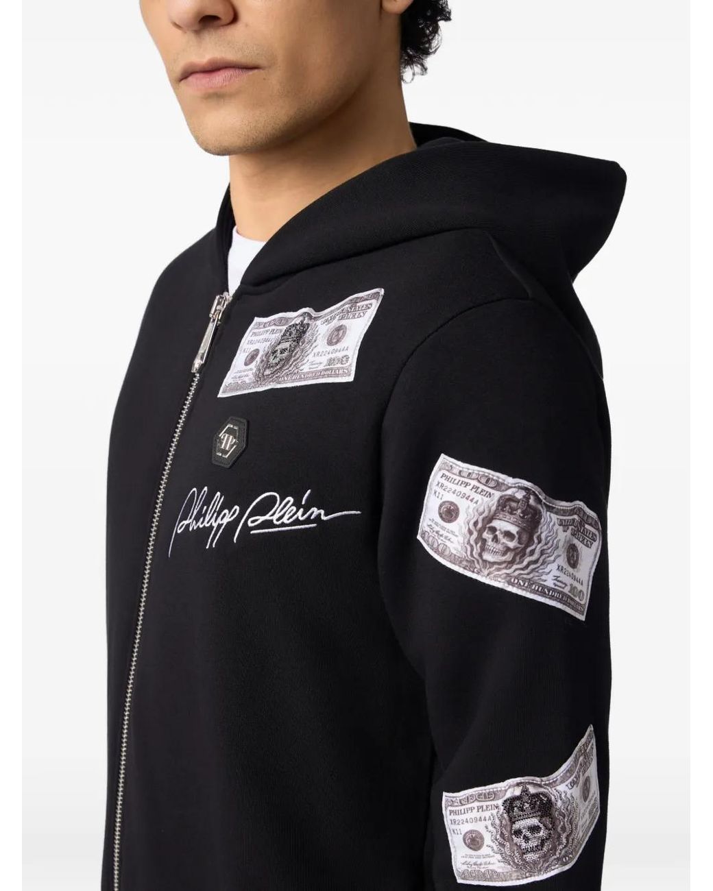 Philipp Plein Black Zip Hoodie Dollar Stones for men