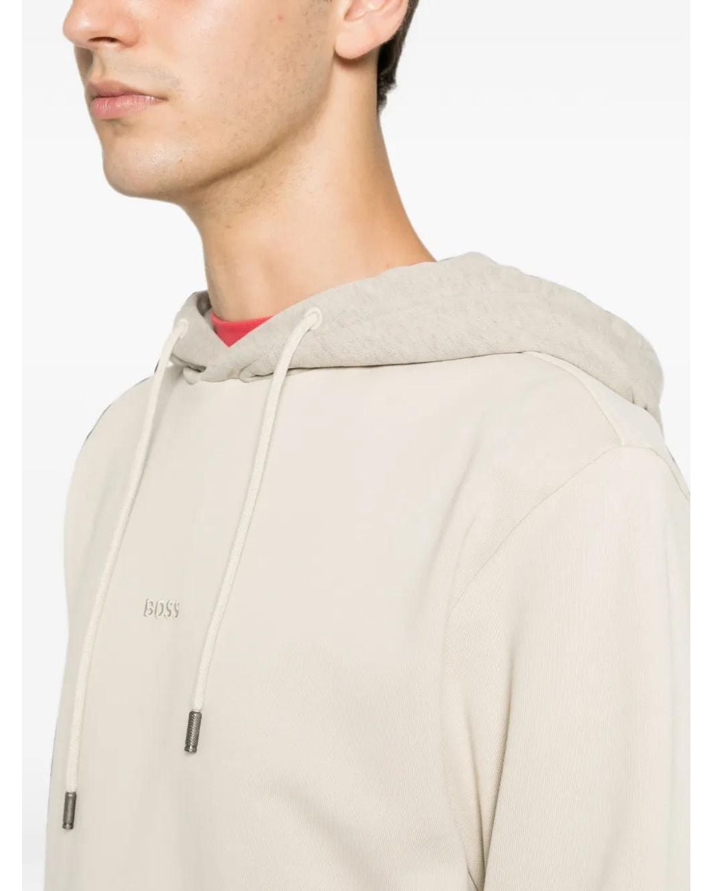 Boss White Logo-Embroidered Drawstring Hoodie for men