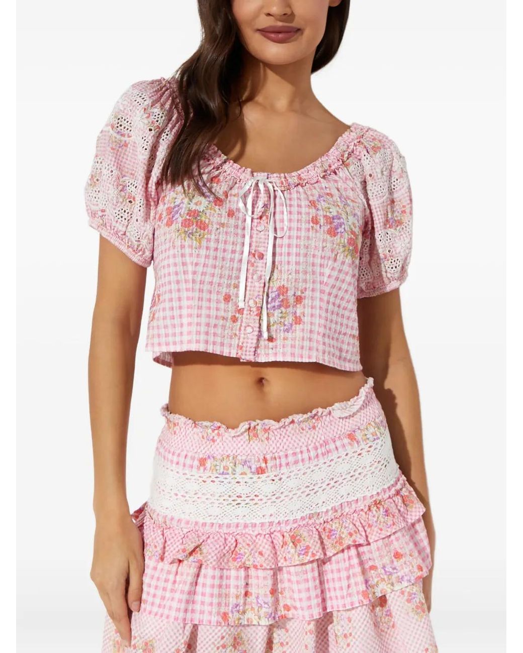 LoveShackFancy Red Checked-Pattern Flower-Embellishment Blouse