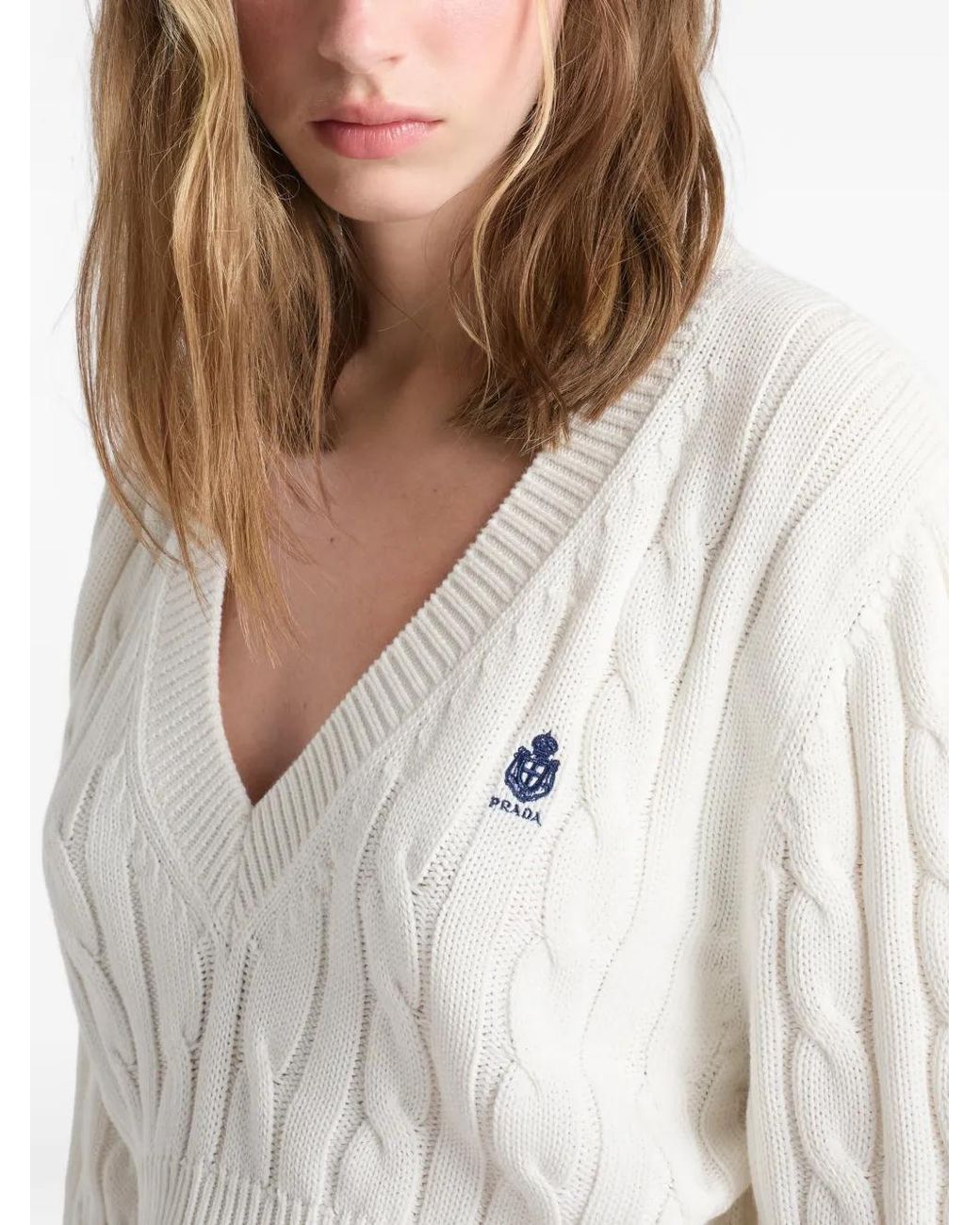 Prada White V-Neck Cotton Sweater