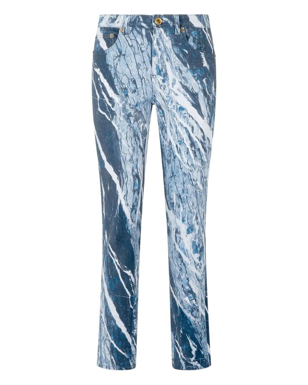 Roberto Cavalli Blue Marble-Print Straight-Leg Jeans