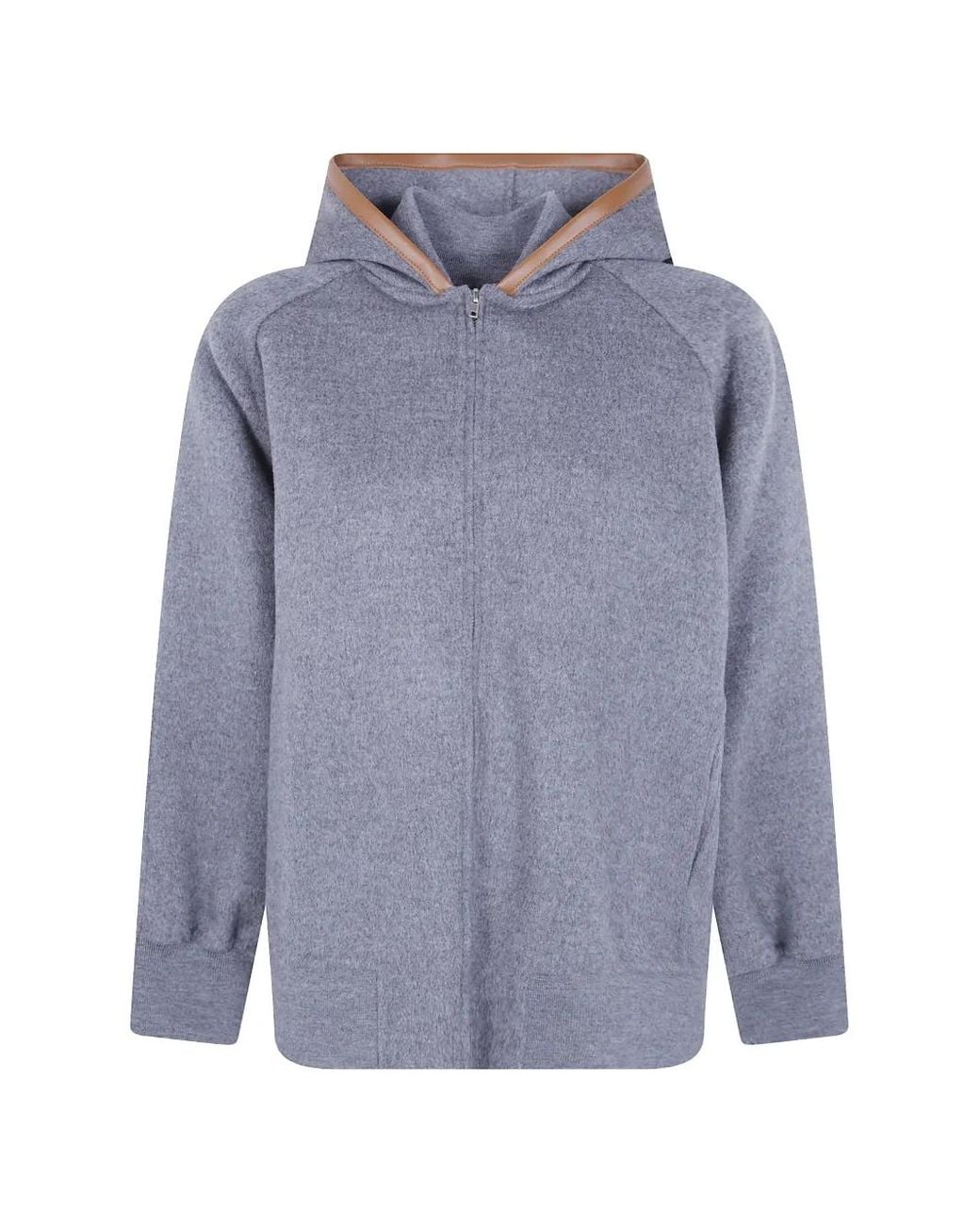 Semicouture Blue Leather-Trim Wool Hoodie
