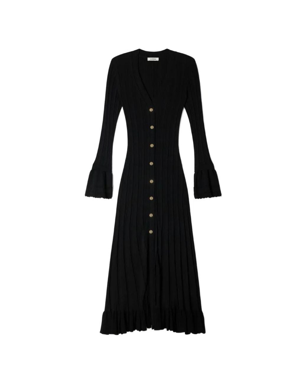 Sandro Black Long Knit Dress With Ruffles