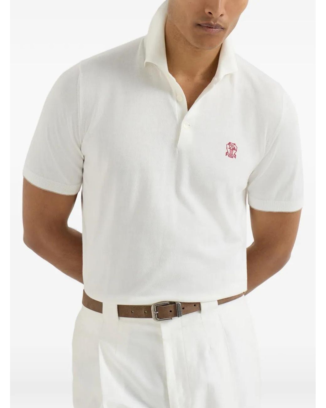 Brunello Cucinelli White Logo Cotton Polo Shirt for men