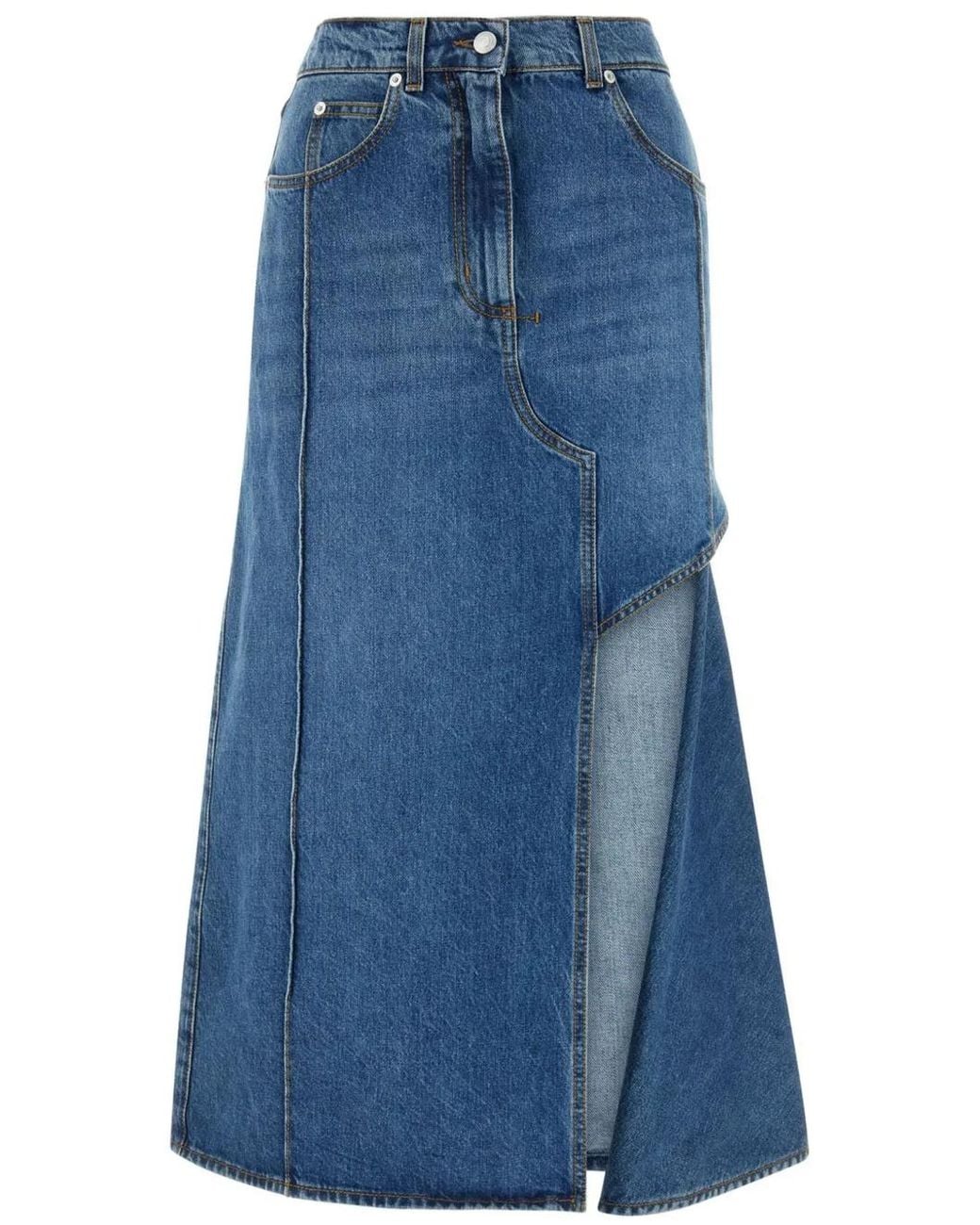 McQueen Slashed Denim Midi-Rok in het Blue