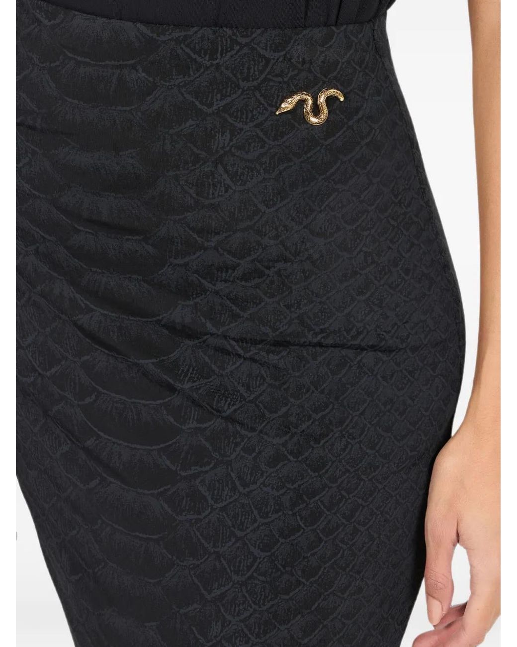 Roberto Cavalli Black Snake-Texture Midi Skirt