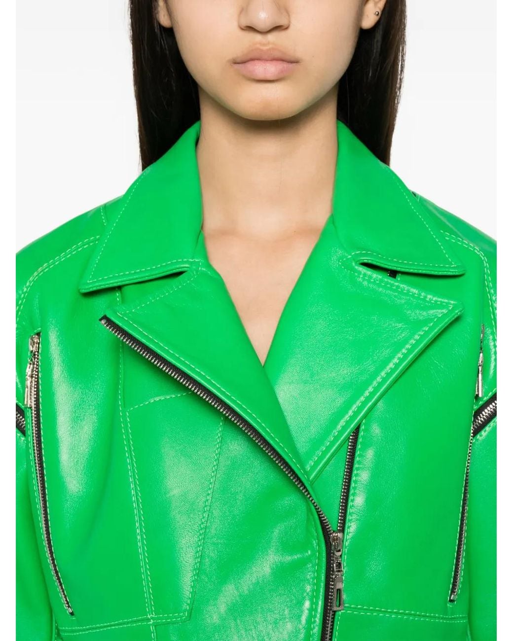 MITILIANE COUTURE Green Detachable-Sleeve Leather Jacket