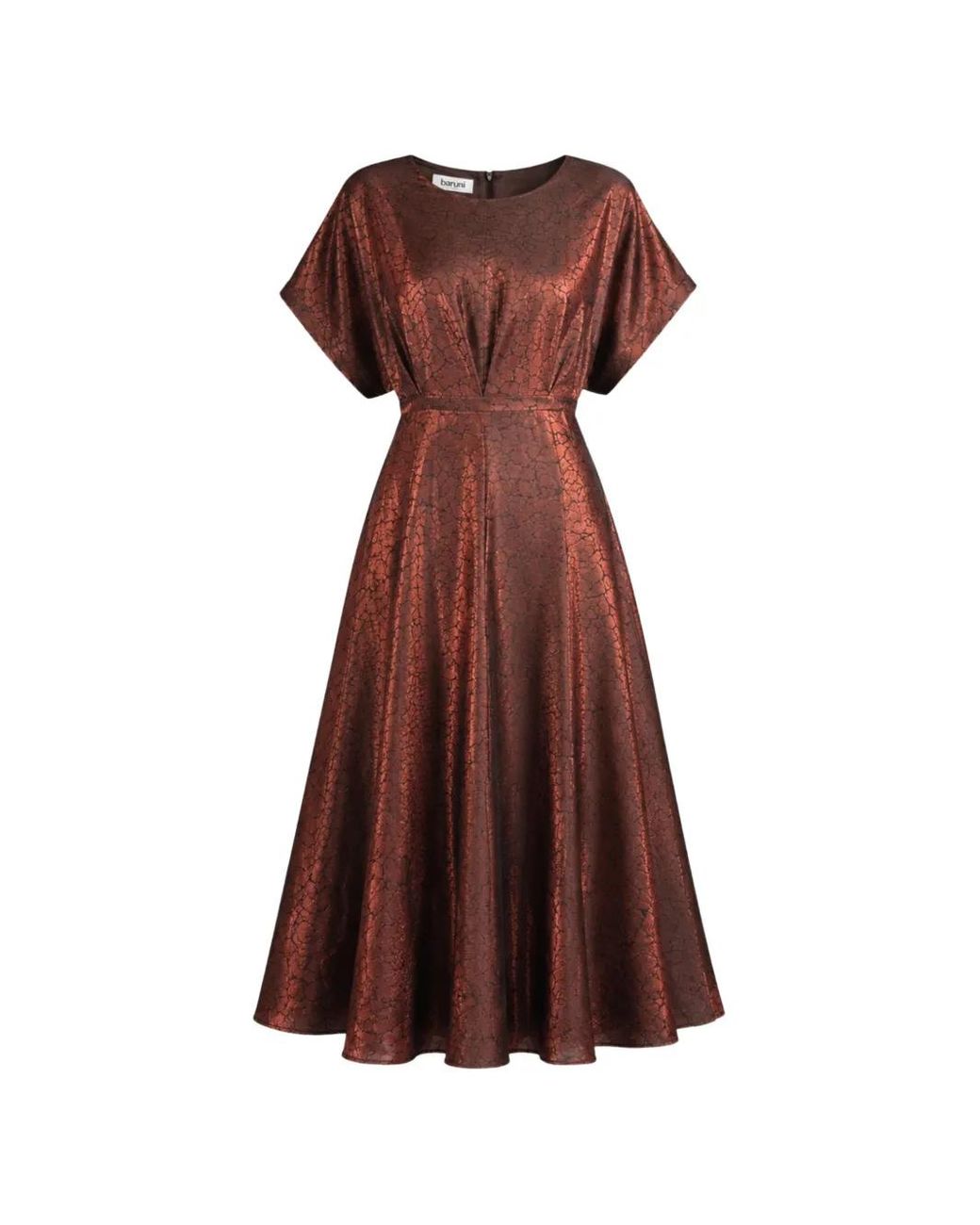 Baruni Brown Midi Ruba Metallic-Effect Flared Dress