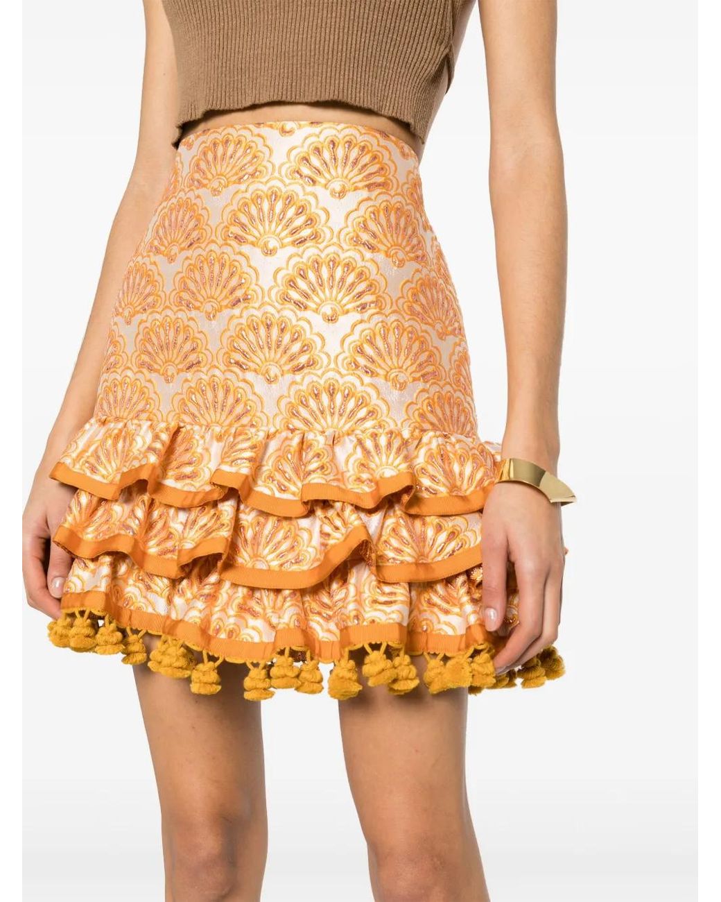 LaDoubleJ Natural Embroidered Ruffle Pincho Mini Skirt