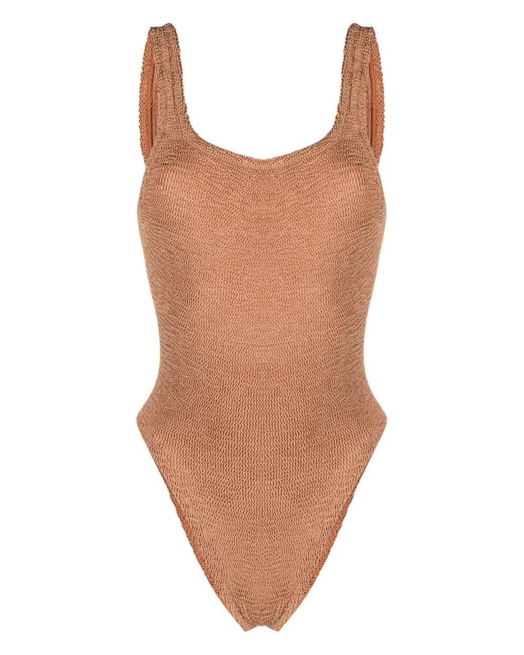 Hunza G Brown Open-Back Crinkled-Finish Swimsuit