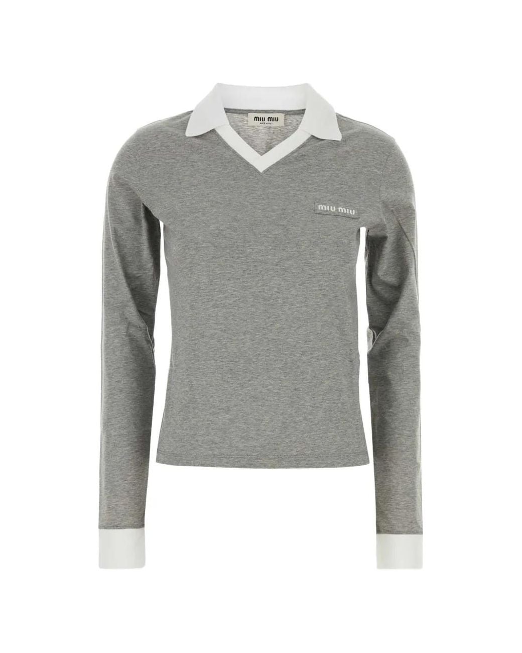 Miu Miu Gray Logo-Patch Polo-Collar T-Shirt