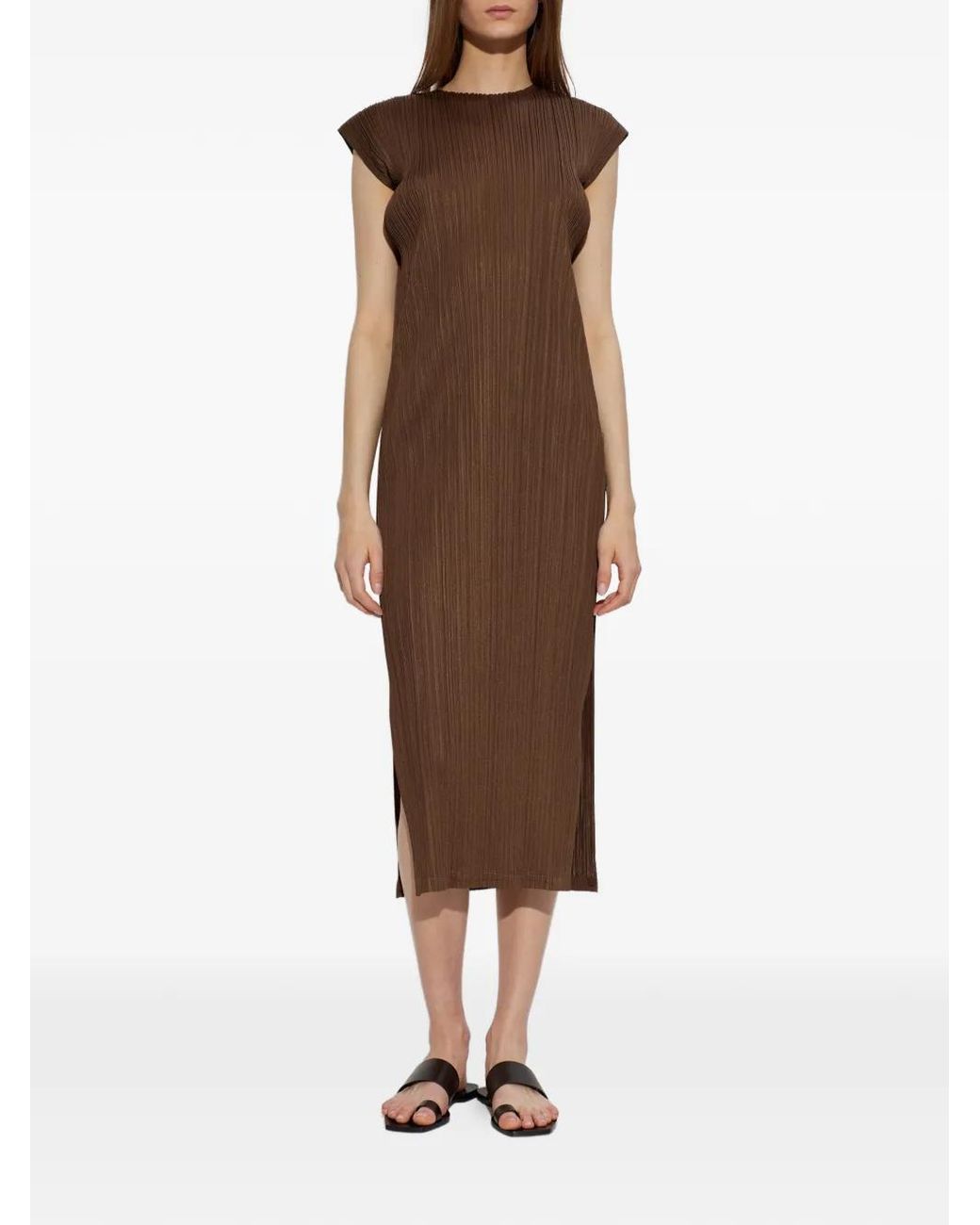 Pleats Please Issey Miyake Brown Sleeveless Pleated Dress