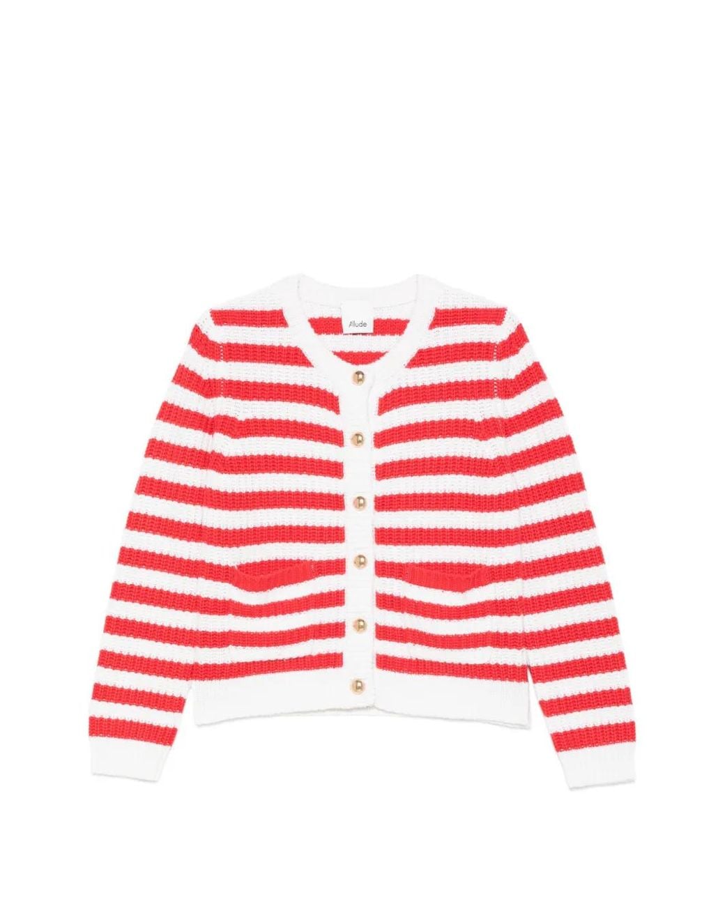Allude Red Striped Buttoned Cardigan