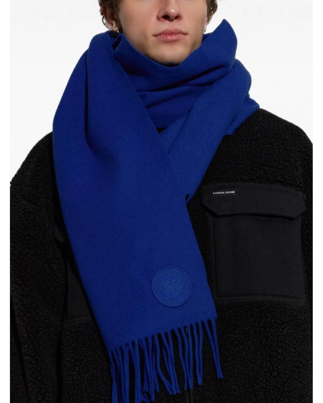 Canada Goose Blue Schal Mit Fransen Und Logo-Patch