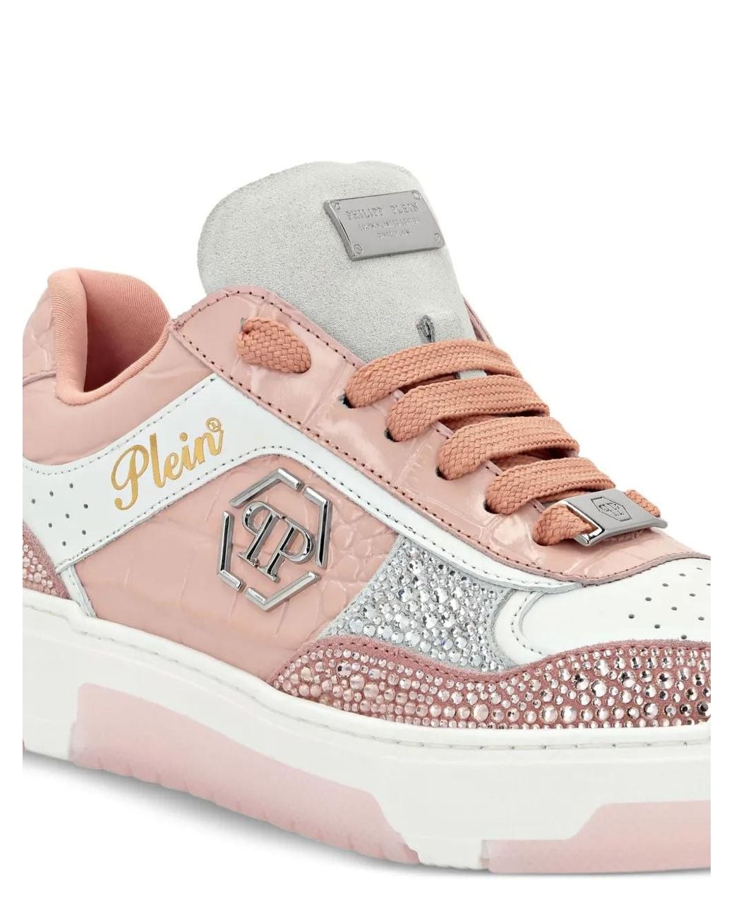 Philipp Plein Pink Crocodile-Embossed Crystal-Embellished Sneakers