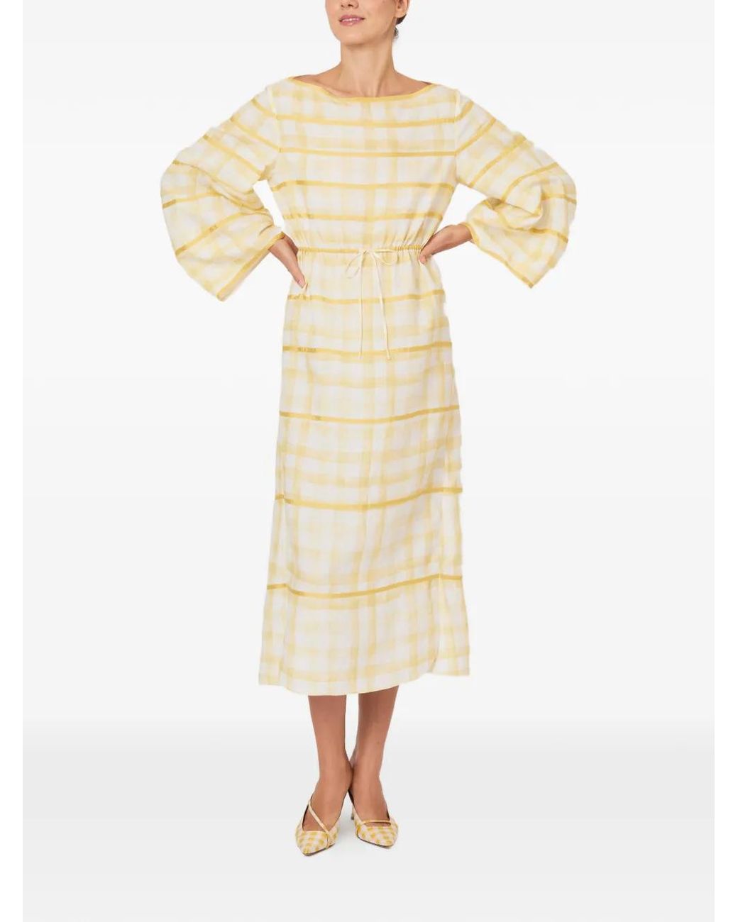 Rosie Assoulin White Plaid Bell-Sleeve Dress