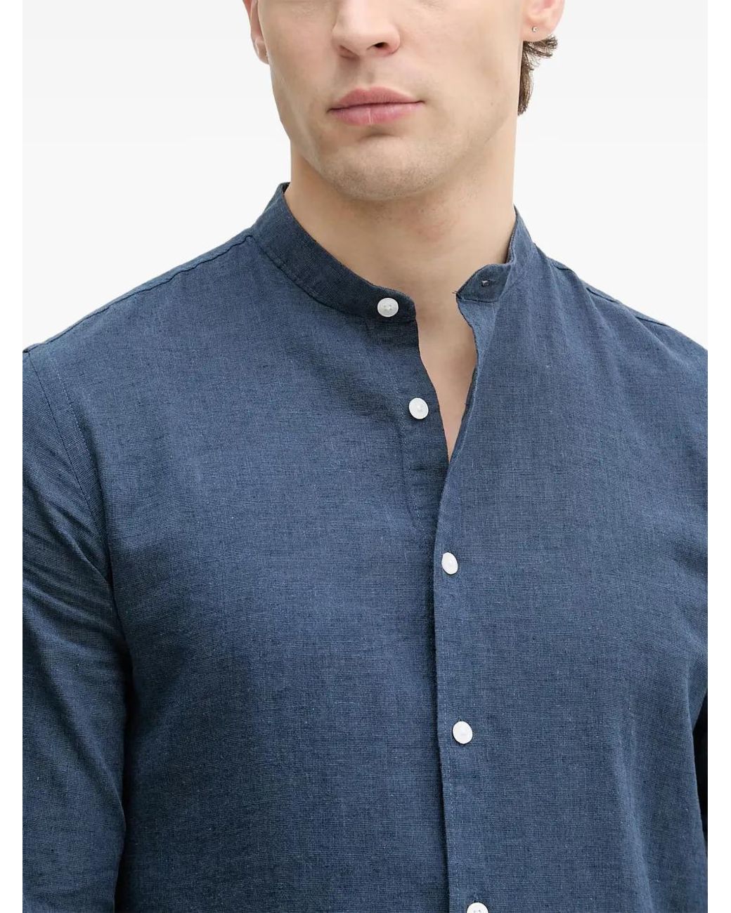 Lindbergh Blue Band-Collar Long-Sleeve Shirt for men