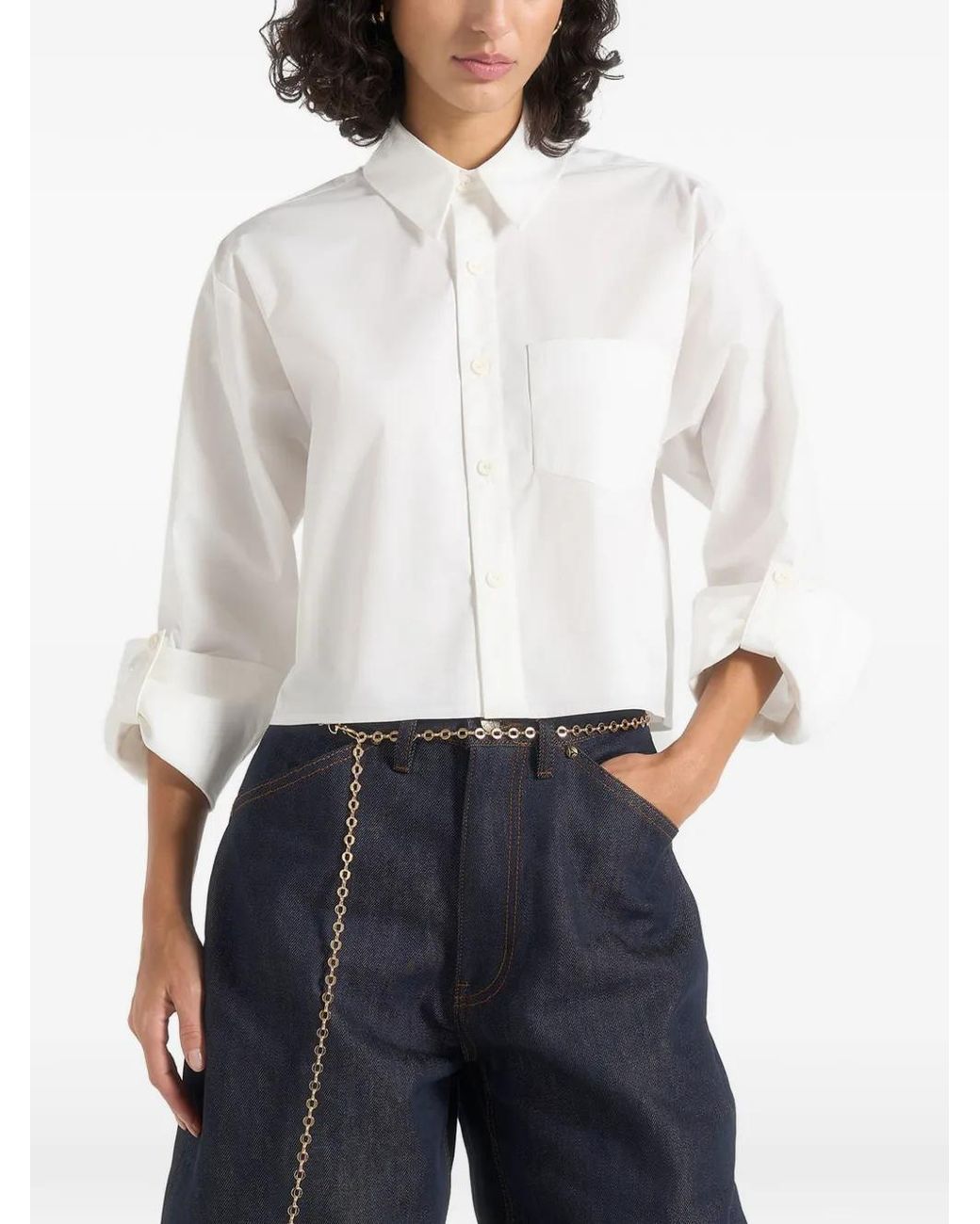 Manière De Voir White Maura Oversized Cropped Roll Sleeve Cotton Shirt